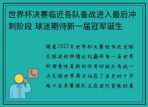 世界杯决赛临近各队备战进入最后冲刺阶段 球迷期待新一届冠军诞生