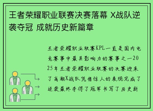 王者荣耀职业联赛决赛落幕 X战队逆袭夺冠 成就历史新篇章